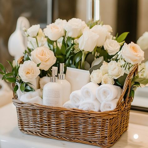 Discover creative Wedding Bathroom Basket Ideas to pamper your guests with essentials and thoughtful touches. Explore our guide now to create the perfect basket. Guest Bath Basket, Wedding Guest Baskets For Hotel, Bathroom Wedding Decor, Bathroom Care Basket, Guest Bedroom Gift Basket, Wedding Baskets For Bathroom, Bathroom Gift Basket Ideas, Wedding Bathroom Basket Ideas, Wedding Bathroom Basket List