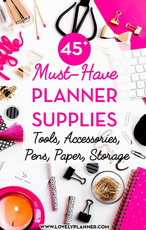 This list of 45 favorite planner supplies will give you details about useful tools, accessories, pens, paper and storage to get started with your planner. Must-have planner supplies #planner #lovelyplanner Organisation, Planner Tips, Happy Planner Stickers, Planner Organiser, Planner Pdf, Planner Supplies, Free Planner, Planner Binder, Planner Inspiration