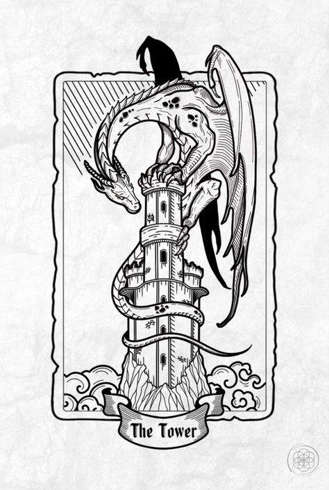 “The tower, high above the clouds, is guarded by a fearsome dragon. Who would dare enter such a dangerous place?” For more designs check out my tattoo page on instagram: @mend.dots Tarot Tower Tattoo, Wizard Tower Tattoo, Tower Reference, Dragon Tarot Cards, Tower Tattoo Design, The Tower Tarot Card Tattoo, Illustrative Style Tattoo, Tower Tarot Tattoo, Castle Tower Tattoo