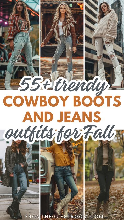 women wear cowboy boots and jeans outfits for fall, western outfits Cowboy Boots Outfit 2024, Bootcut Jeans Cowboy Boots Outfit, Outfits With Cowboy Boots And Jeans, Plus Size Cowboy Boots Outfit For Women, Cowboy Boots With Jeans Outfit, How To Wear Western Boots, Cowboy Boots And Jeans Outfit For Women, Jeans And Cowboy Boots, Jeans And Cowgirl Boots Outfit