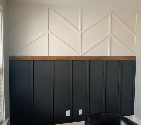 Accent Wall With Window Dining Room, Accent Wall Craftsman, Accent Wall Halfway Up, Office Accent Wall With Window, Diamond Wood Accent Wall, Walnut Accent Wall, Chevron Wall Panelling, Stained Wood Accent Wall, Walls With Wood Strips