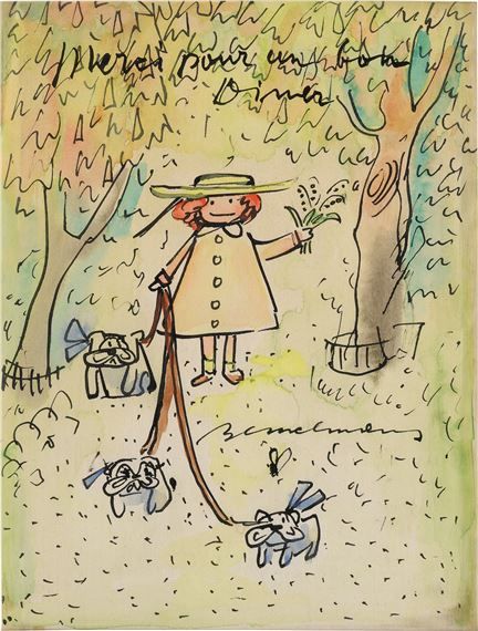 View Madeline with Dogs By Ludwig Bemelmans; watercolor and ink on paper; 10 ¾ by 8 inches ; Signed; . Access more artwork lots and estimated & realized auction prices on MutualArt. Madeline Illustration, Madeline Tattoo, Ginger Icons, Madeline Aesthetic, Tattoo Whimsical, Pathetic Aesthetic, Madeline Book, Maira Kalman, Room Pics