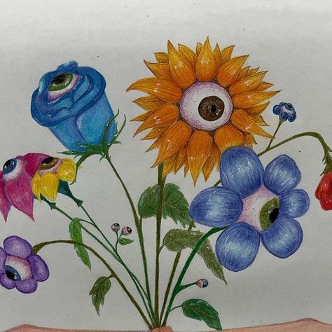 Surrealism Ideas, Eyes In Flowers, Watching Eyes Art, Eye Flowers Drawing, Flower Eyes Drawing, Surrealism Drawings, Eye Flower Drawing, Flower With Eye, Plants To Draw