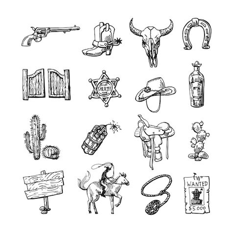 Premium Vector | Beautiful hand drawn set of illustration wild west Cartoon style cowboy Wild West Graphic Design, Western Symbols, Western Illustration, Cowboy Illustration, Digital Downloads Printables, Wild Wild West, Logo Psd, Free Business Card Mockup, Business Card Maker