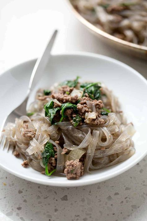 AIP Ground Beef Stroganoff with Spinach recipe is a quick beef stroganoff with ground beef and sweet potato starch noodles. Traditionally stroganoff includes sour cream but I’ve used coconut cream. However, this recipe is delicious cream free! This recipe fits the Autoimmune Protocol (AIP) and Paleo diets. Aip Ground Beef, Beef Stroganoff With Ground Beef, Stroganoff With Ground Beef, Potato Starch Noodles, Beef And Sweet Potato, Korean Sweet Potato Noodles, Korean Sweet Potato, Ground Beef Stroganoff, Spinach Recipe