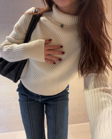 #winteroutfit featuring off white turtleneck sweater from loro piana, jeans from alice and olivia, bottega veneta black tote, van cleef & arpels alhambra necklace #outfits #fashionstyle #ootd #lookbook Van Cleef Outfit, White Turtleneck Sweater Outfit, Van Cleef Necklace White Gold, Winter White Wool Turtleneck Sweater, White Turtle Neck Outfit, Luxury White Chic Turtleneck, Luxury White Classic Turtleneck, Turtle Neck Sweater Outfit, White Turtleneck Outfit