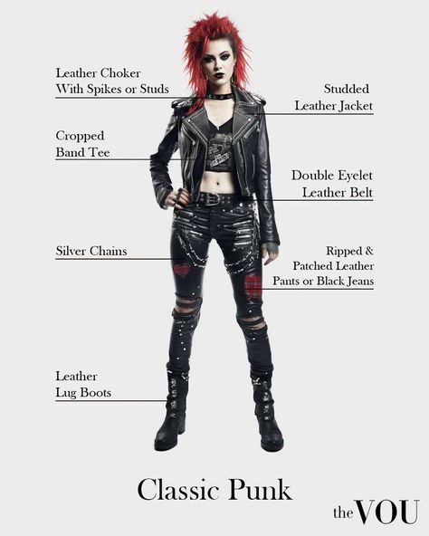 Outfit Ideas Goth Punk, Punk Woman Outfit, Types Of Punk Aesthetics, Elegant Punk Outfits, Punk Alternative Style, Punk Female Outfit, Female Punk Outfits, Elegant Rocker Outfit, Goth Looks Outfits