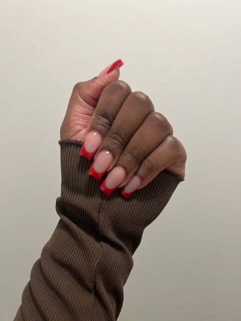 Red French Tip Nails Coffin Short, Res French Tip Nails Short, Red French Tip Black Women, Long Red Acrylics, Ruby Red French Tip Nails, Red French Tip Nails Black Women, Red Colored Nails, Unique Acrylic Nails Red, Red Deep French Tip Nails