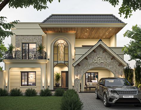 CLASSICAL ELEVATION :: Behance Traditional Exterior Design, 30 Ft Front Elevation, Hut Elevation Design, Villa Front Elevation Design, 3 Floor House Elevation, Duplex Villa Design, New Classic Villa Exterior Design, Traditional House Exterior, Colonial House Design