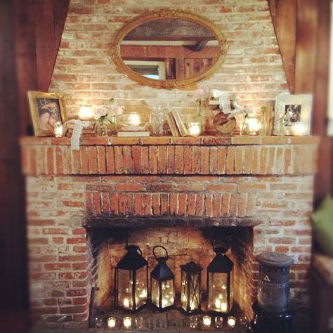 Across the Hall in 2nd: Favorite Things Linky: Feels Like Home Candles In Fireplace, Old Fireplace, Living Room Warm, Rustic Fireplaces, Faux Fireplace, Trendy Living Rooms, Trendy Bedroom, Cozy Fireplace, Brick Fireplace