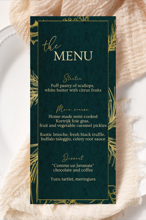 Set the tone for a festive celebration with our Green Gold Christmas Menu Template. Perfect for Christmas parties, holiday dinners, and New Year's celebrations. This editable digital template is a quick and stylish solution for creating a personalized menu. Instantly download and customize to add a touch of sophistication to your festive gatherings. Christmas Menu Design Ideas, Holiday Menu Design, New Year Menu Design, Holiday Party Design, Christmas Menu Design, Christmas Menu Template, Holiday Dinner Menu, Green Gold Christmas, Fine Dining Menu