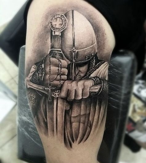 Knight Tattoo Sleeve, Knights Tattoo, Knight Tattoo Design, Knights Templar Tattoo, Templar Knight Tattoo, Armor Of God Tattoo, Shoulder Armor Tattoo, Warrior Tattoo Sleeve, Shield Tattoo