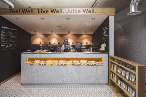 Gym Coffee Bar, Juice Bar Interior, Juice Bar Design, Gym Interior, Smoothie Bar, London Interior, Interior Signs, Studio Interior Design, Counter Design