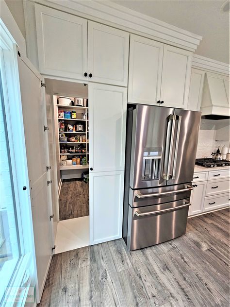 Wall Pantry Design, Pantry Wall Ideas, Pantry Storage Ideas, Wall Pantry, Pantry Shelving Ideas, Floor To Ceiling Cabinets, Hidden Pantry, Organization Pantry, Pantry Remodel