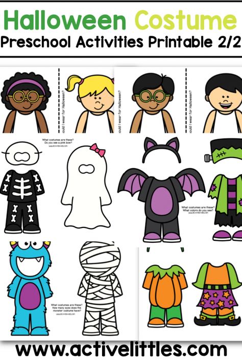 halloween costume preschool activities printable Preschool Paper Dolls Free Printable, Halloween Social Studies Preschool, Halloween Candy Activities For Kids, Halloween Week Activities Preschool, Halloween Classroom Activities Preschool, Preschool Halloween Dramatic Play, Dramatic Play Halloween Preschool, Pajama Preschool Activities, Halloween Large Group Activities