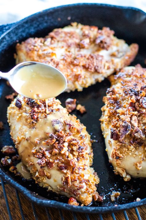 bourbon pecan chicken in cast iron pan with sauce being poured over it by spoon Imperial Sauce, Bourbon Pecan Chicken, Imperial Chicken, Bread Crumb Chicken, Pecan Chicken, Homemade Recipes Dessert, Healthy Weeknight Meals, Chicken Meals, The Leftovers