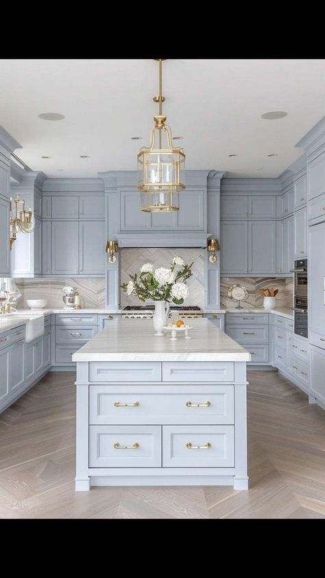 Bathroom And Kitchen Ideas, Cool Tones Kitchen, Dusty Blue Kitchen Island, Blue And Gold Kitchen Decor Ideas, European Style Kitchen Modern, Navy Blue Kitchen Accents, Contemporary Blue Kitchen, Best Blue For Kitchen Cabinets, Blue And Marble Kitchen