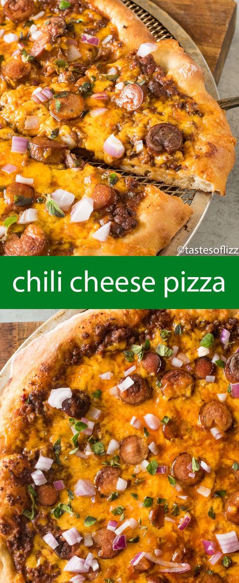 Take the classic chili cheese dog and twist it up with Chili Cheese Pizza. Chili sauce, cheddar cheese, sliced hot dogs, and onion top a chewy pizza crust. via @tastesoflizzyt Chewy Pizza Crust, Pizza Chili, Homemade Cheese Pizza, Chili Pizza, Sauce Cheddar, Hot Dog Pizza, White Pizza Recipes, Delicious Pizza Recipes, Classic Chili