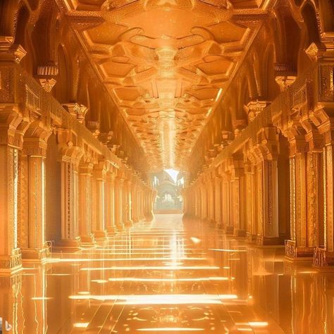 Divine Aesthetic Gold, Golden Throne Room Fantasy Art, Golden Palace Aesthetic, Golden Palace Fantasy Art, Royal Gold Aesthetic, Sun Kingdom Aesthetic, Kingdom Aesthetic Castle, Sun Altar, Royal Palace Aesthetic