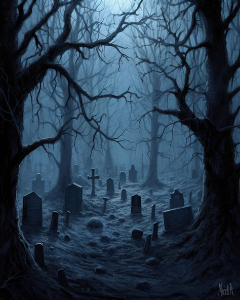 Artist ~ Micell A. Goth Scenery, Tombstone Aesthetic, Grave Painting, Forest Graveyard, Cemetery Painting, Halloween Screensavers, Graveyard Background, Haunting Art, Spooky Cemetery