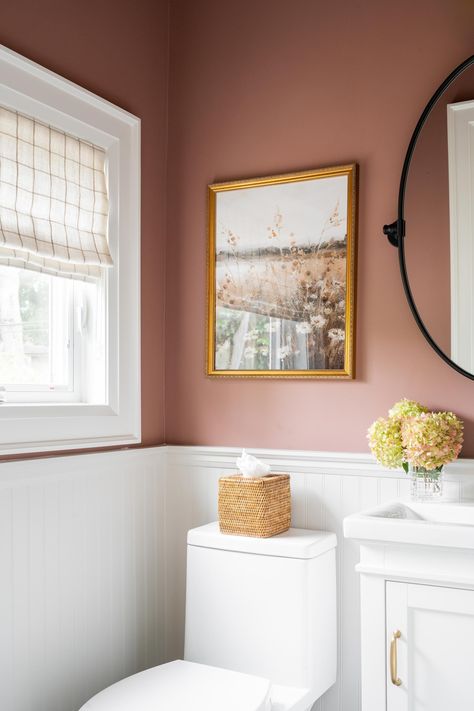 Janet Kwan - Interior & Lifestyle Photographer - Interior: Autumnal-coloured powder room (Sabrina O'Neill + Emily Bazett-Jones) Light Pink Powder Room, Pink And White Powder Room, Mauve Powder Room, Beadboard And Wallpaper Bathroom, Pink Toilet Room, Bright Color Bathroom, Beadboard And Wallpaper, Mauve Bathroom, Black Oval Mirror