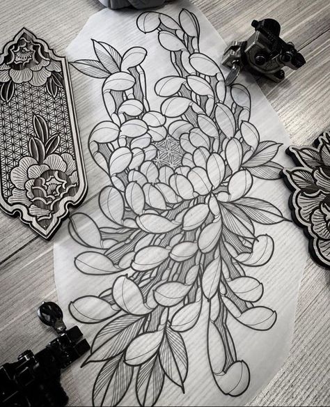 Chrysanthemum Reference, Chrysanthemum Tattoo Black, Tattoo Japonais, Japanese Flower Tattoo, Tattoo Japanese, On Tattoo, Chrysanthemum Tattoo, Flower Tattoo Drawings, Japanese Flower