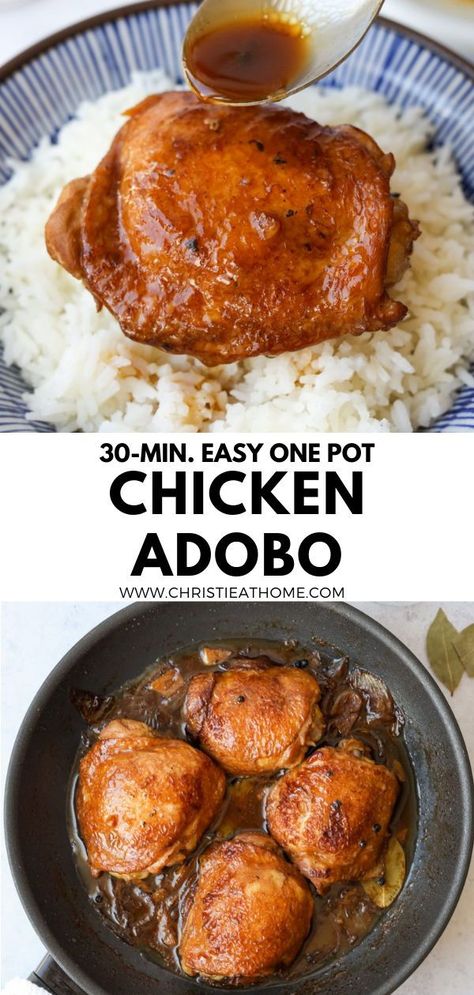 Chicken Adobo. A tender braised chicken dish with a garlicky soy vinegar sauce that is savoury and tangy. So easy to make in less than 30 minutes in one pot! #easy chicken adobo recipe #chicken adobo filipino authentic #best filipino recipes Philippines Chicken Recipe, Adobo Chicken Recipe Filipino, Philippines Chicken Adobo, Philapino Recipes Chicken, Philipino Adobo Chicken, Pollo Adobo Filipino, Philippine Adobo Chicken, Easy Chicken Adobo Filipino, Chicken Wing Adobo Filipino