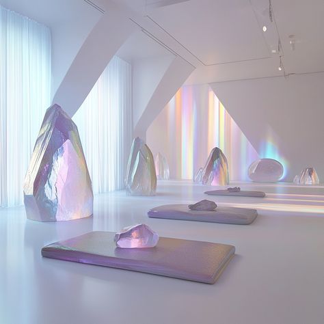 Welcome to Crystalis Yoga Studio, where crystal energy meets the practice of yoga. Our tranquil space features crystal-infused elements, from rose quartz mats to amethyst accents, designed to enhance your practice and well-being. Experience the transformative power of yoga and crystals, guiding you to inner peace and balance. Join us for a unique journey of energy and tranquility. Conceptual AI Art Follow @ecosapiens for more! Spiritual Architecture Concept, Tranquility Aesthetic, Crystal Interior, Costa Rica Art, Wellness Space, Meditation Studio, Peace And Balance, Luxury Packaging Design, Crystal Energy