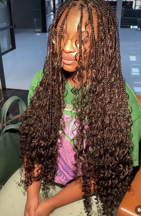 Goddess Braids Dark Brown, Brown Curly Braids, Boho Braids Dark Brown, Dark Brown Braids For Black Women, Boho Brown Braids, Dark Brown Boho Braids, Dark Brown Goddess Braids, Chocolate Brown Braids, Dark Brown Braids