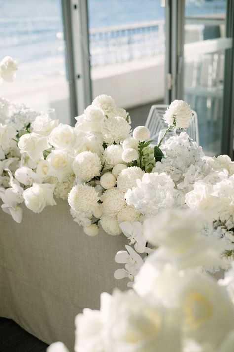 Luxe bridal table florals Wedding Decorations Flowers, Monochromatic Wedding, Decorations Flowers, White Floral Arrangements, White Flower Arrangements, All White Wedding, Bridal Table, Australian Photographers, Wedding Table Flowers