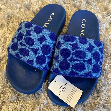 Product Details Signature Fabric Upper Eva Footbed Rubber Outsole Slip On Style No. G4955 Blue Girly Things, Shoes For Vacation, Coach Slides, Blue Slides, Pretty Sneakers, Coach Sandals, Shoes Slides, Cute Slides, Crocs Fashion