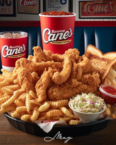 🗣️ Feast like there's no tomorrow with Cane's oversized chicken fingers basket! 🍗 Complete with Texas toast, coleslaw, and fries - all dipped in Cane’s famous sauce. Get your feast on! 🥸 #RaisingCanes #ChickenFingers #Food #Restaurants #FoodComa #Eat #Yum #MAYAiCEO Texas Chicken, Famous Food, Raising Canes Food, How To Make Raising Canes Chicken, Canes Chicken Aesthetic, Yummy Fast Food, Canes Food, Mcdonald’s Fries, Chicken Tenders And Fries Aesthetic