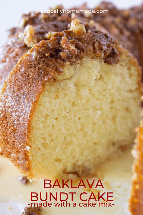 Easy Baklava Bundt Cake Recipe with a Cake Mix | Practically Homemade Baklava Cake, Easy Baklava, Bunt Cake Recipe, Practically Homemade, Bundt Pan Recipes, Baklava Recipe, Bundt Cake Recipe, Cake Rolls, Honey Sauce