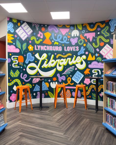 swipe 👉🏻 for some yummy closeups 😋📚🎨 #artist #mural #painting #muralart #library #bookstagram #library #supportlocal #muralist 🎨 for @lynchburgpubliclibrary I worked with some amazing ladies at the branch to create a design that is fun, welcoming, and vibrant without feeling like it’s just for kids. I took the city’s branded palette and added in 5 more shades and colors, which kept it cohesive but not corporate. 😉💙 👉🏻 want a mural for your city, business, or space? Let’s talk:) 📧 What ... Corporate Mural, Doodle Mural, Bold Office, Library Mural, Office Mural, Brand Palette, Murals For Kids, Mural Design, Mural Painting