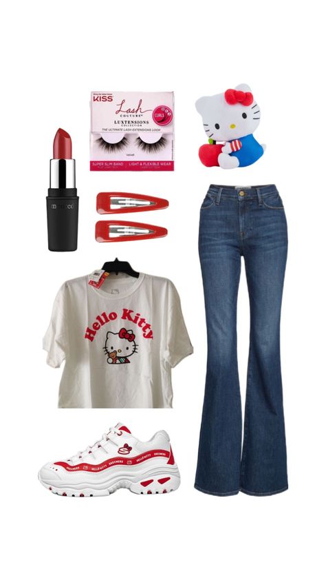 hello kitty fit inspo! follow for more sanrio inspired outfits!! ^^ #outfitinspo #hellokitty #hellokittyfit #hellokittyoutfit #sanrio #sanriocore #cute #cutefits #cutefit #hellokittycore #outfits Yk2 Hello Kitty, Hello Litty Outfits, Hello Kitty Ropa, Cute Hello Kitty Outfits, Hello Kitty Birthday Outfit, Hello Kitty Clothes Aesthetic, Hello Kitty Aesthetic Outfit, Hello Kitty Fit, Casual Hello Kitty Crew Neck Top