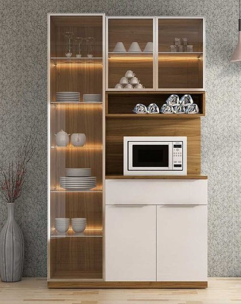 New Crockery Unit Design, Crockery Unit Design With Microwave, Crocary Unit In Kitchen, Kitchen Crockery Design, Kitchen Crockery Cabinet, Cupboard For Crockery, Crocery Almirah Designs Modern, Crocery Almirah Designs, Crocary Unit Design Modern