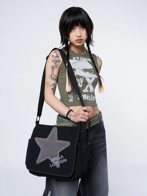 Black Canvas Messenger Bag with Grey Star Front Print | Minga London – Minga London US How To Sew A Messenger Bag, Sewing A Messenger Bag, 2000s Messenger Bag, Sew Messenger Bag, Messenger Bag Outfit, Messenger Bag Aesthetic, Grunge Bag, Diy Messenger Bag, Star Bag