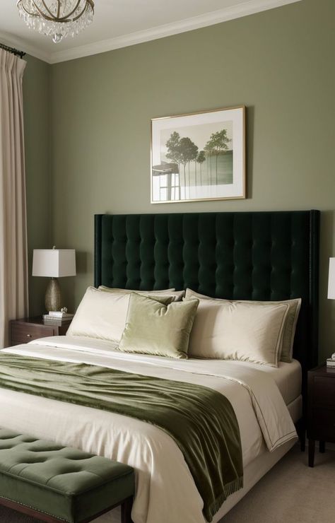 Bedroom Inspirations Aesthetic, Green Bedroom Ideas, Green Headboard, Velvet Bedroom, Girls Bedroom Makeover, Natural Wood Furniture, Dreamy Aesthetic, Velvet Headboard, Green Bedroom