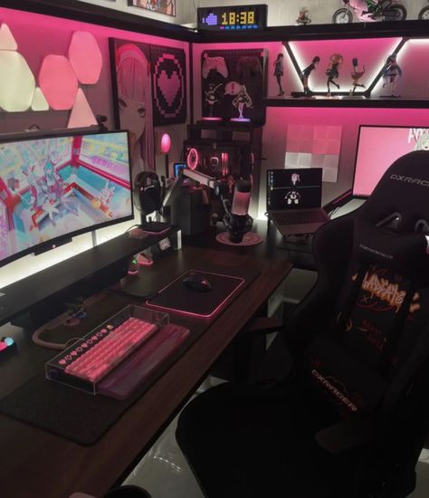 Pink And Black Set Up Gaming, Black Pink Pc Setup, Black And Pink Gamer Setup, Gaming Setup Black And Pink, Gaming Room Setup Black, Black And Pink Setup, Black Setup Gaming, Black And Pink Pc Setup, Pink And Black Pc Setup