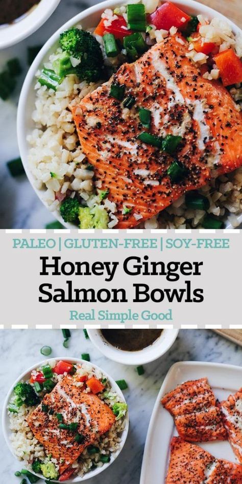 These honey ginger salmon bowls are not only a tasty way to enjoy salmon, but also quick and easy to make! They are Paleo, Gluten-Free and Soy-Free. | realsimplegood.com Honey Ginger Salmon, Paleo Seafood, Salmon Bowls, Paleo Seafood Recipes, Paleo Fish, Ginger Salmon, Honey Ginger, Salmon Bowl, Paleo Dinner