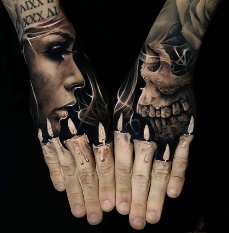 Finger Candles by Jak Connolly, a tattoo artist and oil painter, based in Bournemouth and Manchester, England. 3d Tattoos, Tato 3d, Herren Hand Tattoos, Amazing 3d Tattoos, Tato Jari, Optical Illusion Tattoo, Embroidery Tattoo, Candle Tattoo, Finger Tattoo