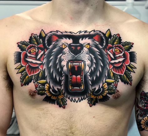 🌹 N I C H O L A S 🌹 on Instagram: “Finished up this chest piece i started a while back. Really stoked to get to try my hand at larger projects. Hit me up for more of this…” Traditional Bear Tattoo, Traditional Chest Tattoo, Traditional Style Tattoo, Dragon Sleeve Tattoos, Traditional Tattoo Sleeve, Cool Chest Tattoos, Pieces Tattoo, Chest Tattoos, Chest Piece Tattoos