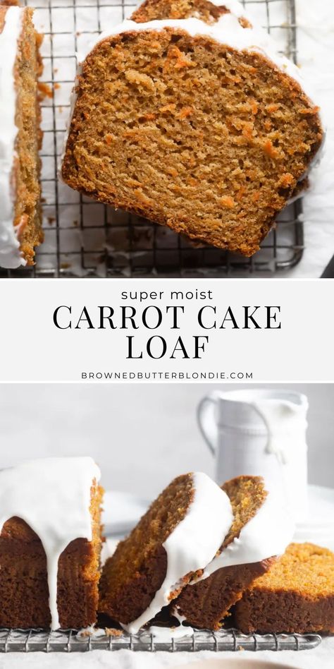 Look no further for the perfect carrot cake! This carrot cake loaf is super moist and fluffy, perfectly spiced and topped with a silky smooth cream cheese glaze. Made in minutes with just a bowl and whisk, it’s as easy as it is delicious. | Browned Butter Blondie Fluffy Carrot Cake, Small Batch Carrot Cake Recipe, Loaf Carrot Cake Recipe, Carrot Caramel Cake, Moist Carrot Cake Loaf Recipe, Carrot Cake With Sour Cream, Loaf Ideas Baking, Carrot Cake Pound Cake, Carrot Baking Recipes