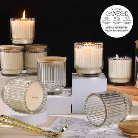 PRICES MAY VARY. 8pcs candle jars for making candles: Elevate your candle-making game with our 7oz ribbed glass candle jars.Each set includes 8pcs with lids and 12pcs bottom warning labels for convenient storage and safety. Ideal for crafting exquisite candles at home. Size and capacity: 2.58" (Out Diameter) x 2.36''(Inner Diameter) x 3.1" (Height) glass round ribbed candle jars. Net Capacity: 7 oz/177 ml, One pack includes 8 tins 7 oz empty candle jars with bamboo lids.12pcs bottom warning labe Candle Jar Decorating Ideas, Jars With Bamboo Lids, Glass Candle Jars, Candles Design, Empty Candle Jars, Empty Candle, Candle Tins, Diy Candles Scented, Making Candles