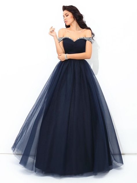 Ball Gown Off-the-Shoulder Beading Sleeveless Long Net Quinceanera Dresses Navy Blue Ball Gown, Net Gown, Navy Prom Dresses, Blue Ball Gowns, Prom Dress Plus Size, Marine Uniform, Prom Dresses 2019, Gown Prom, Ball Gowns Prom