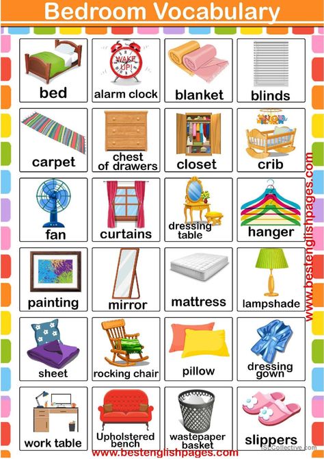 Bedroom Vocabulary: English ESL worksheets pdf & doc Bedroom Vocabulary English, Bedroom Vocabulary, Room Vocabulary, Teaching Nouns, English Primary School, English Conversation Learning, Vocabulary English, Esl Vocabulary, Kids English