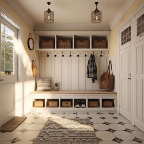 French Farmhouse Mudroom, Boho Farmhouse Mudroom, Farmhouse Boot Room, Entryway Bump Out Entrance, Outdoor Mudroom Patio, Old House Mudroom, Mediterranean Mud Room, Cubby Mudroom, Breezeway Entrance