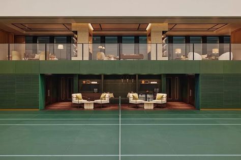 Inside the Largest Private Indoor Tennis Court in London Home With Tennis Court, Private Tennis Court Luxury, Luxury Tennis Court, Paddle Court Design, Tennis Court Architecture, Indoor Tennis Court Design, Home Tennis Court, Indoor Badminton Court, Indoor Tennis Court