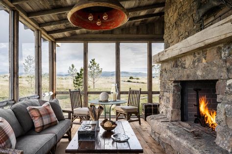 Montana Ranch Residence – Miller Roodell Architects Farmhouse 2023, Hoedemaker Pfeiffer, Rustic Mountain Homes, Upholstered Banquette, Montana Ranch, Cozy Interiors, Rustic Porch, Rock Fireplaces, Rustic Retreat