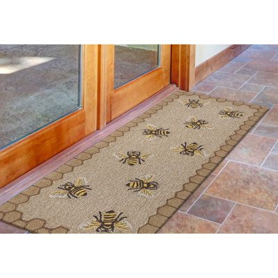 This light-hearted collection of indoor/outdoor area rugs will bring a smile to your face. Sprinkle some color into your indoor or outdoor decor with the bright, richly-blended colors and playful bee design. Hand-hooked with weather-resistant fiber, these rugs are practical for high-traffic areas in your home like your entryway, kitchen, laundry room, and kid’s rooms or your outdoor space, giving it a fresh and fun look. Rug Size: Runner 2' x 5' | Multi Color Indoor / Outdoor Area Rug - August G Lavender Area Rug, Bee Kitchen, Black White Rug, Blended Colors, Light Blue Rug, Bumble Bees, Entryway Kitchen, Yellow Area Rugs, Cozy Kitchen